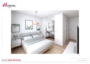Vista de habitación con cama matrimonial en 3D de obra nueva en edificio San Miguel