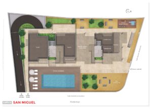 Plano de planta baja en 2D de obra nueva en edificio San Miguel