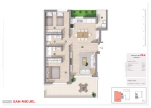 Plano 2D de vivienda tipo PB-A/Planta baja de obra nueva en edificio San Miguel