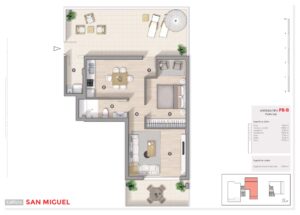 Plano 2D de vivienda tipo PB-B/Planta baja de obra nueva en edificio San Miguel