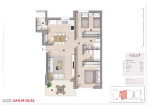 Plano 2D de vivienda tipo B/Planta 1-2 y 3 de obra nueva en edificio San Miguel