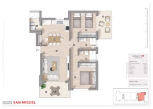 Plano 2D de vivienda tipo D/Planta 1 y 2 de obra nueva en edificio San Miguel