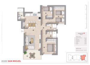 Plano 2D de vivienda tipo D/Planta 3 de obra nueva en edificio San Miguel